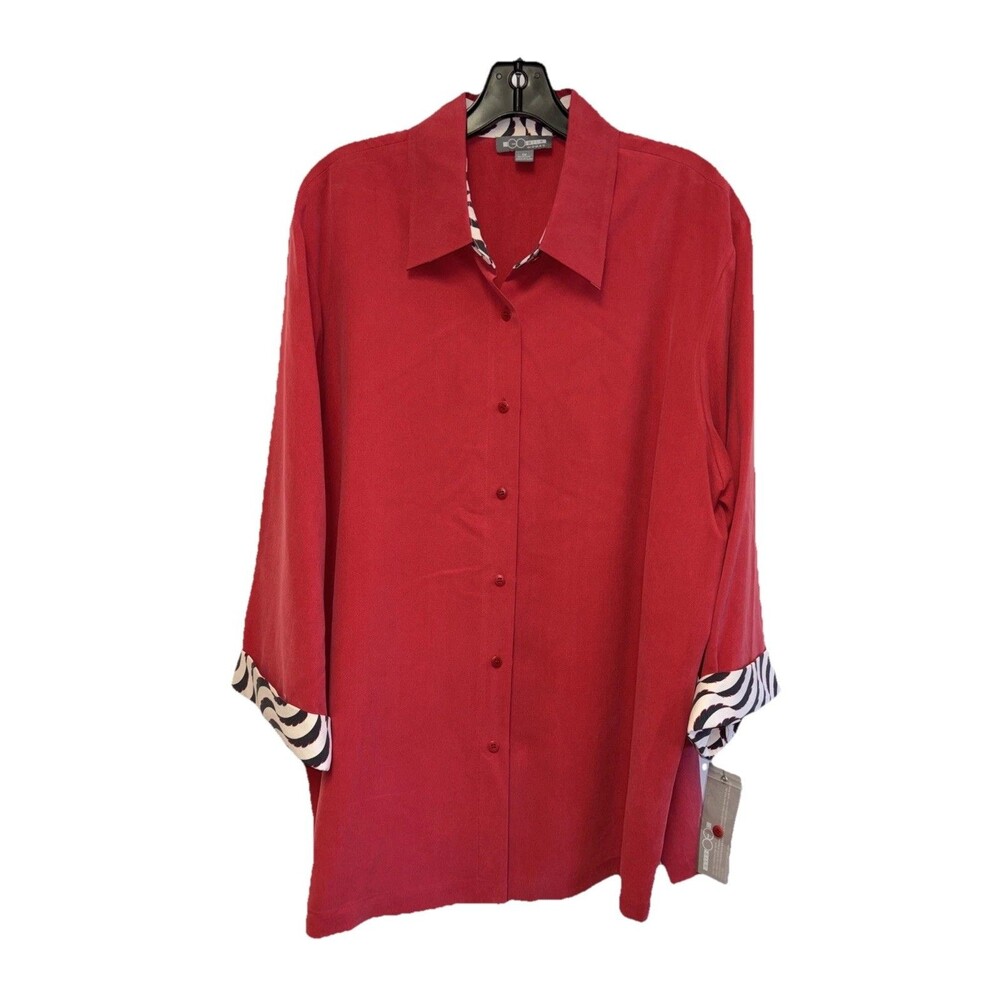 Go Silk Women Top 1X Red Button Up Zebra Print Cuffs Collar 3/4 Sleeve New